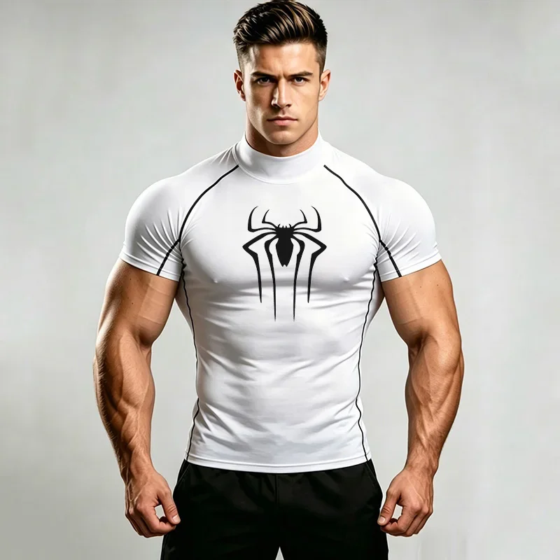 Men Bodybuilding Sports Tight T-shirt Summer Compression Turtleneck Short Sleeve Gym Fitness Running Quick Dry Male Workout Top