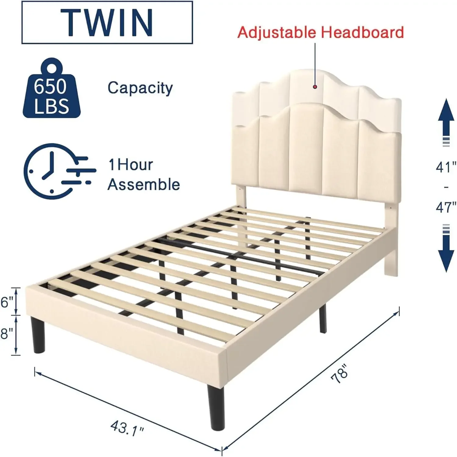 Twin Size Upholstered Platform Bed Frame with Adjustable Headboard, Wood Slat Support and Noise-Free, No Box Spring Needed, Easy