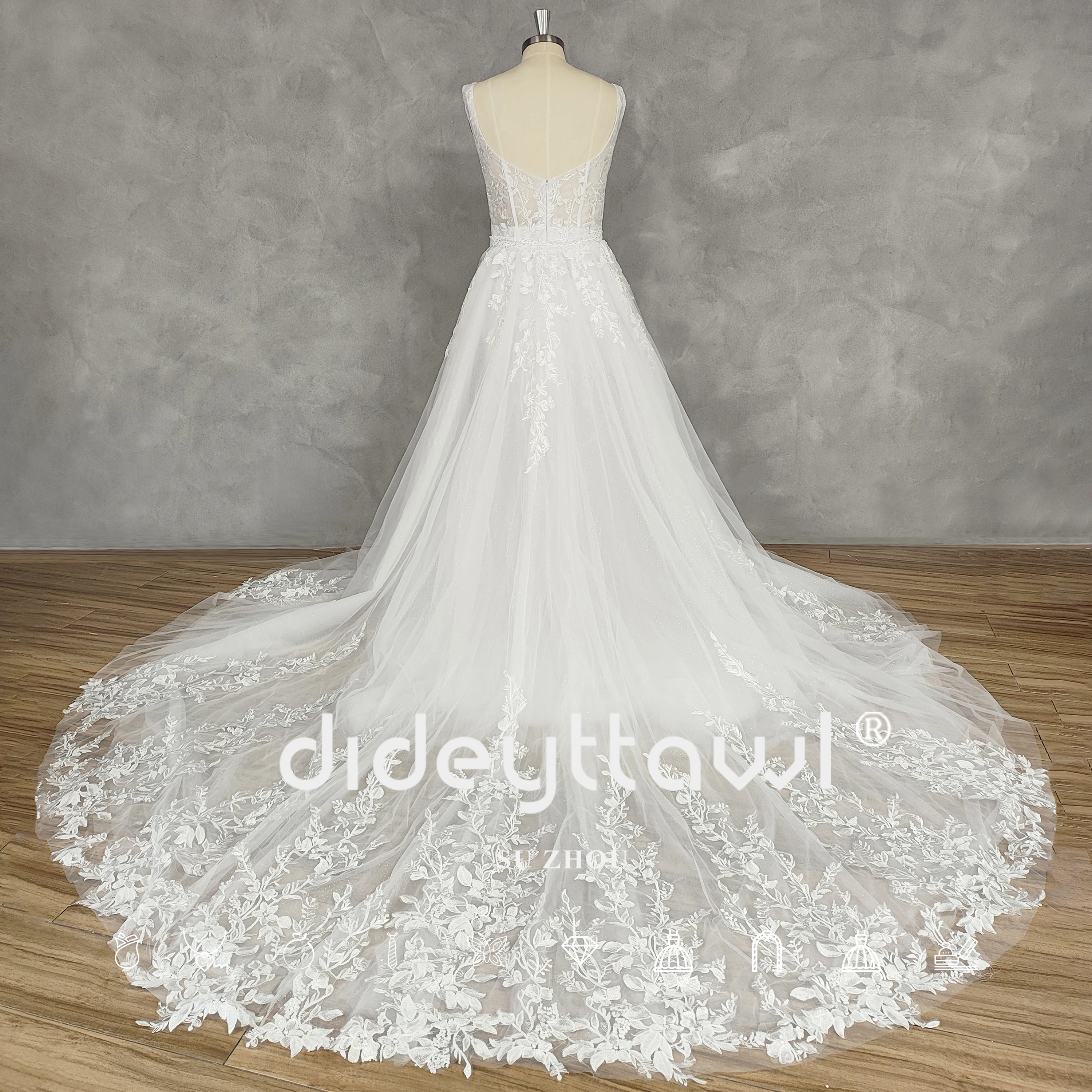 DIDEYTTAWL Real Picture Sleeveless Appliques A-Line Wedding Dress Zipper Back Detachable Court Train Bridal Gown Custom Made