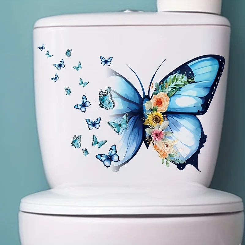 Beautiful Blue Butterfly Toilet Sticker Bathroom Door Wall Sticker Self-adhesive Decorative Room Decal Restroom Decor