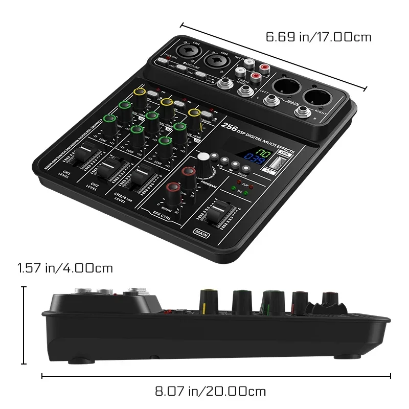 Audio Interface Mixer with Bluetooth USB Recording Computer 48V Phantom Power Delay Replay Effects, 4-Channel Audio Mixer ﻿ view 6
