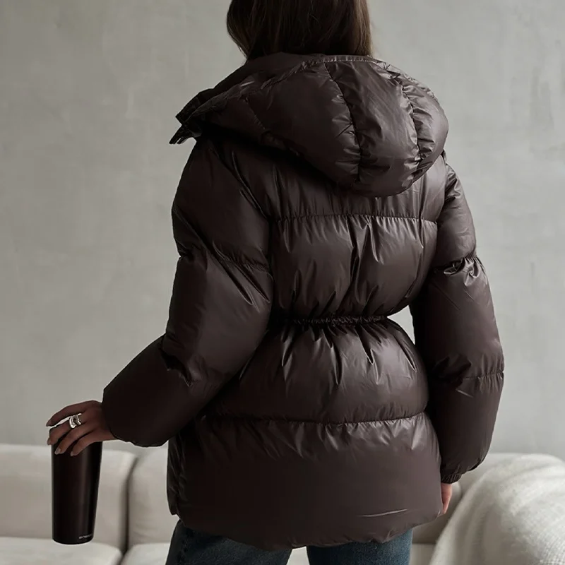 سترة نسائية مبطنة بغطاء للرأس وسحاب ورباط متوسط الطول للدفء أنيقة ومتعددة الاستخدامات مناسبة للتنقل اليومي