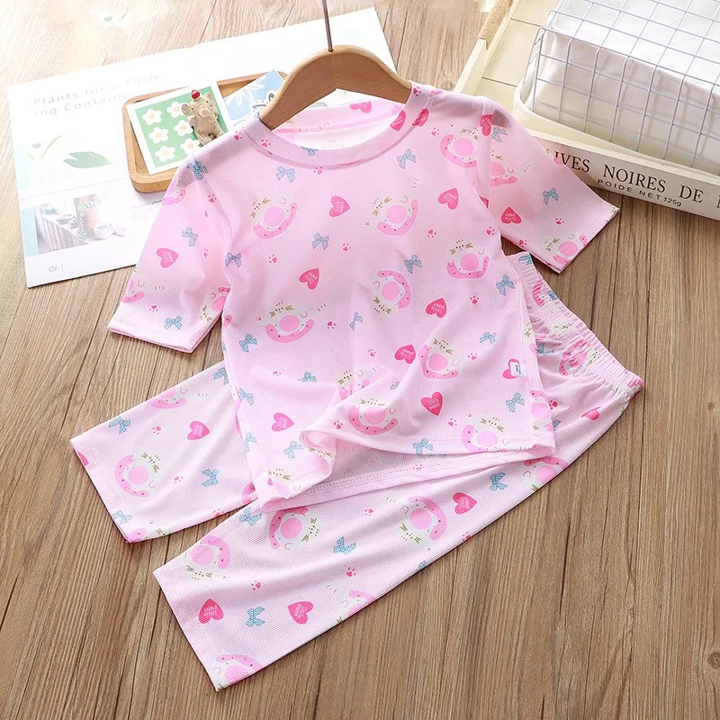 2024 Summer New Children's Set Home Fury 2 piece Ice Silk Set for Boys Girls Baby Children's Pajamas Home Clothes