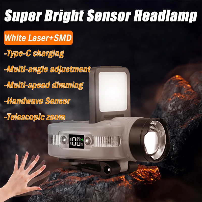 1000LM LED Sensor Headlamp 1200mAh USB C Rechargeable Headlights with Digital Display Cap Clip Outdoor Fishing Head Flashlight