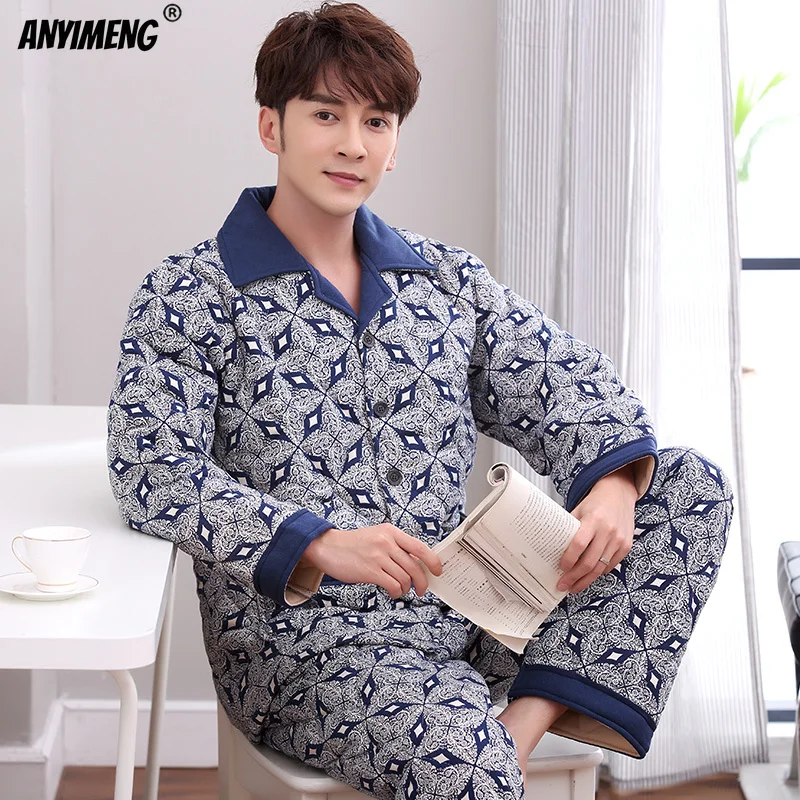 Winter Men Pajama Sets Thick Warm Three Layer Cotton Pijamas Plus Size L-3XL Homewear Three Layer Cotton Male Loungewear