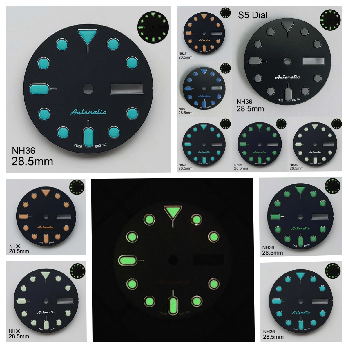 

28.5 mm S5 Logo SKX007 Dial Suitable For NH36/4R36 Movement Green Luminous Dual Calendar Black Watch Modification Accessories