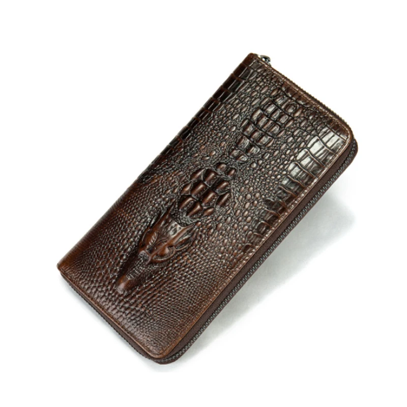 Fashion Embossed 3D Alligator Genuine Leather Long Wallet Men\'s Clutch Wallets with Zipper Handy Long Male Wallet Card Holder