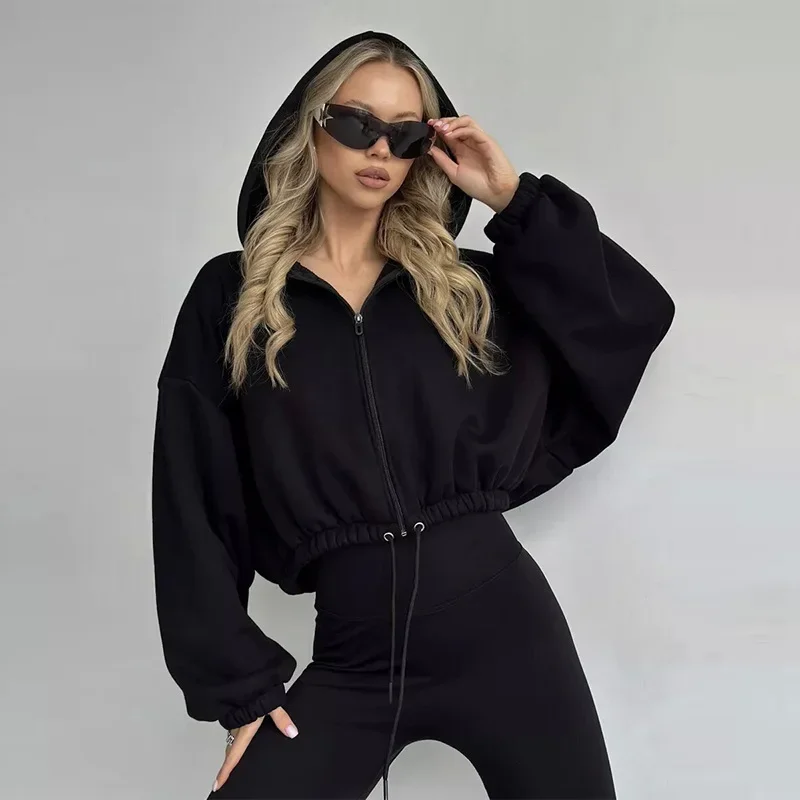 Women Shot Coat Hoodies Zipper Splice Jackets Sweatshirts Elastic Waist Crap Top Solid Thick Coats Long Sleeved Casual