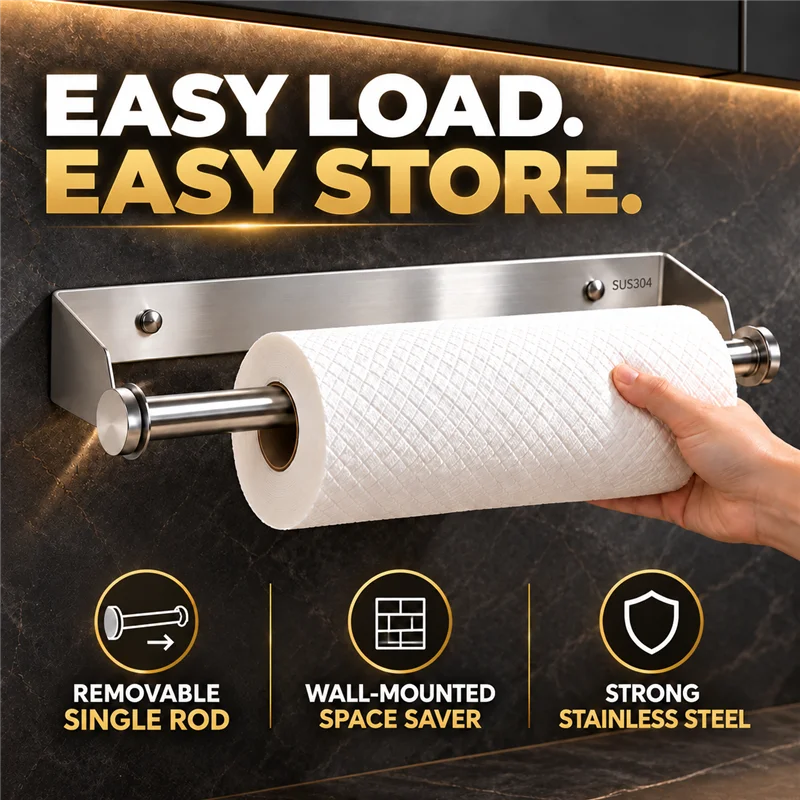 Stainless Steel Roll Paper Storage Rack No Punch Wall Mount Cling Film Shelf Kitchen Paper Towel Holder
