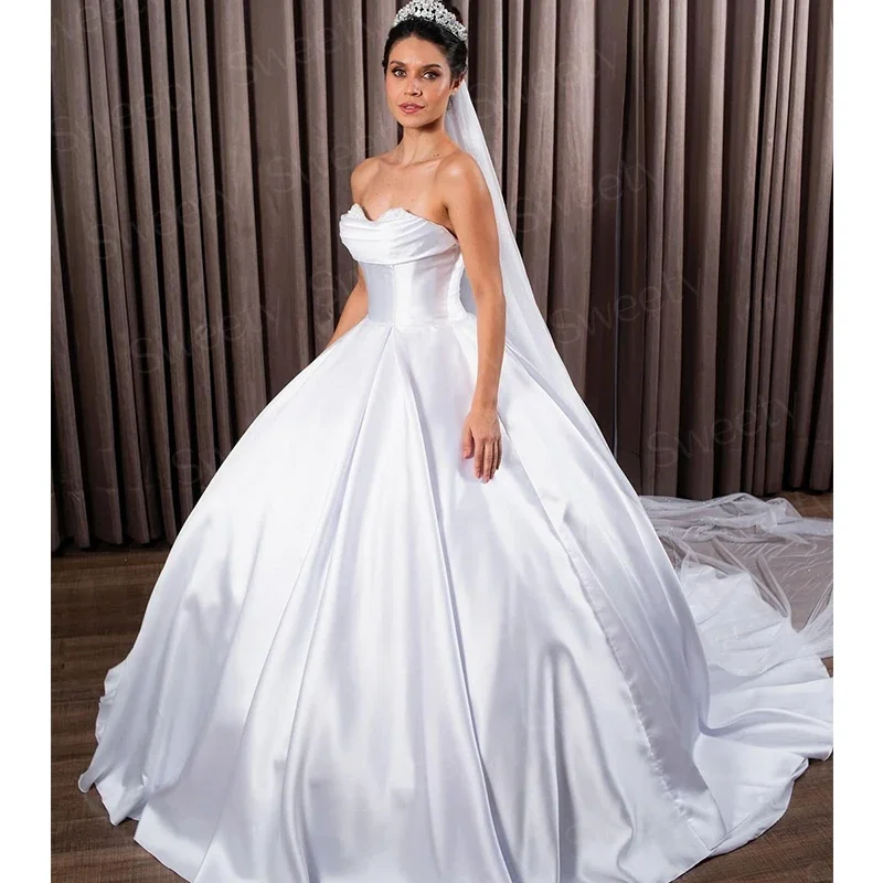 Elegante robe mariée cetim vestido de casamento cetim macio com pérolas vestido de baile sem alças vestidos de baile rendas até robe de marie