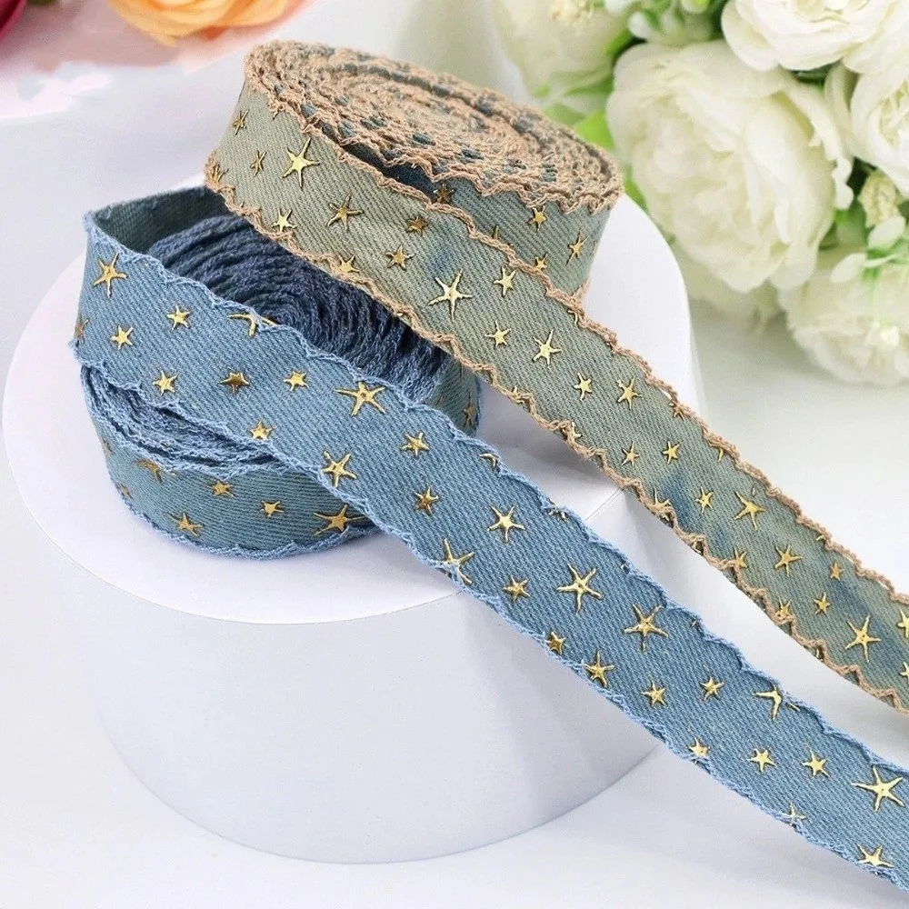 1 yard 38MM Width Denim Cloth Ribbon Gold Star Stamped Pattern Stamped Ribbon DIY Denim Clothing Sewing Supplies
