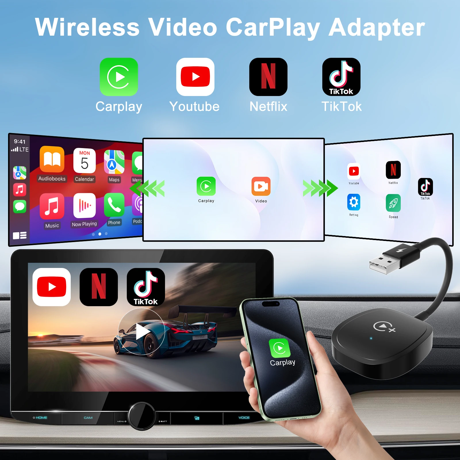 Wireless Video Carplay Adapter with Netflix/YouTube/TikTok/Google Play, for OEM Wired CarPlay Cars