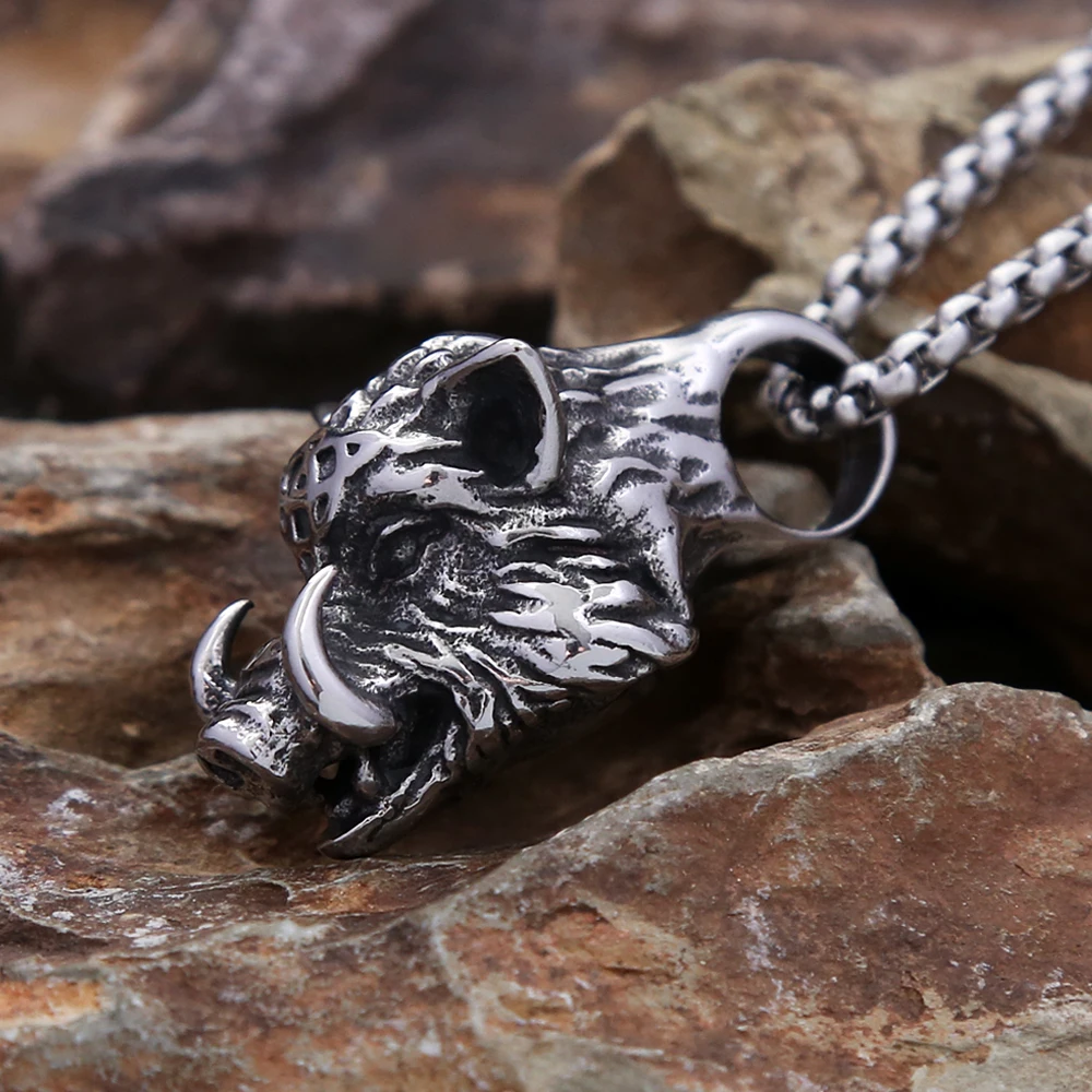 Vintage Stainless Steel Viking Boar Pendant Necklace For Men Punk Biker Medieval Beast Necklaces Cool Amulet Jewelry Wholesale