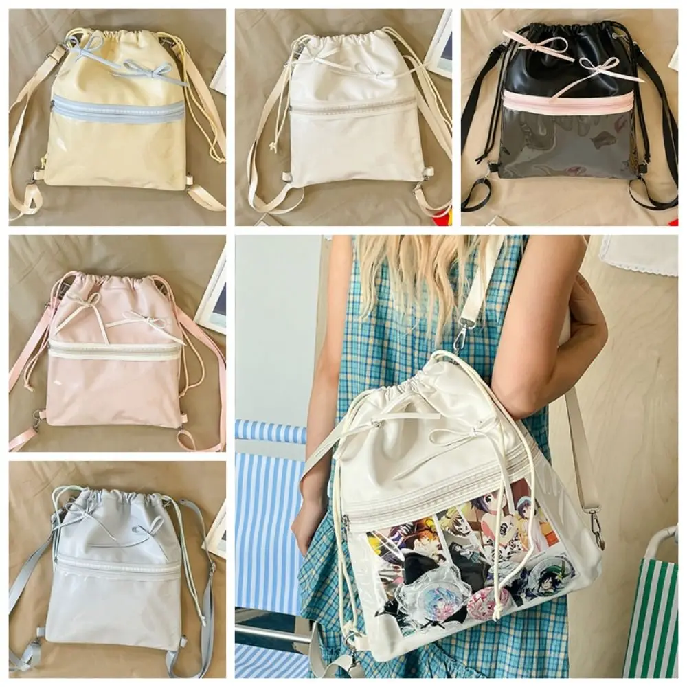 

Simple Transparent Pocket Drawstring Backpack PU Lightweight Itabag Large Capacity Handheld Bag Shoulder Bag Girls