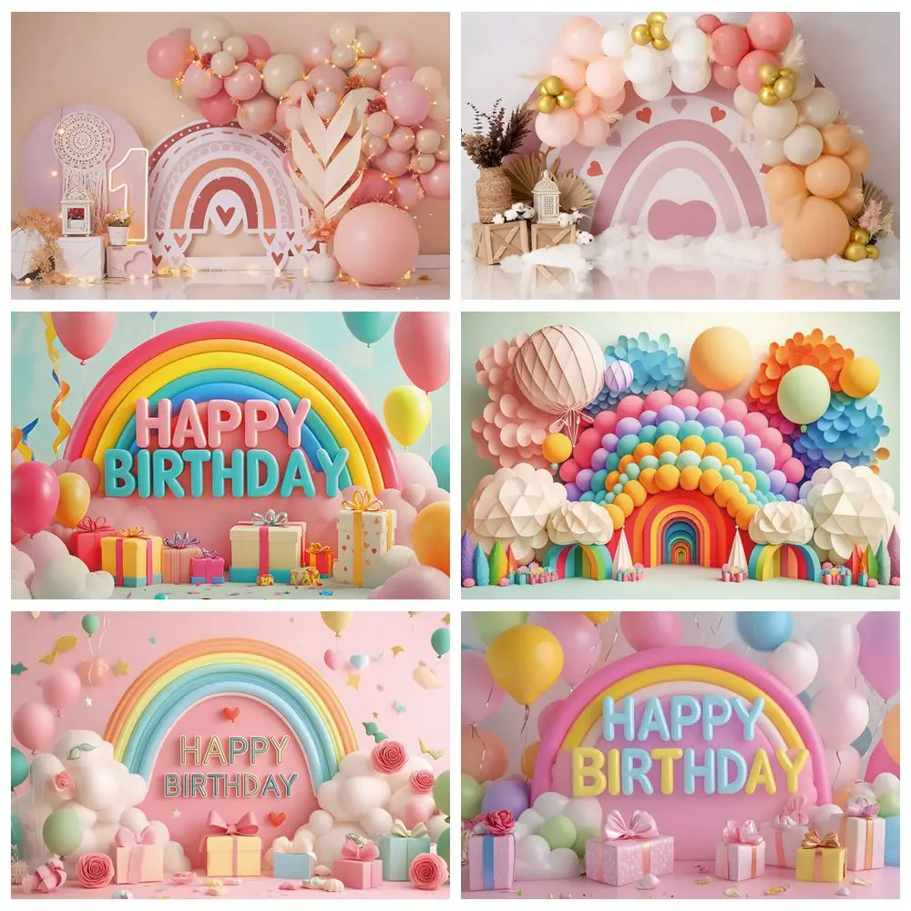 

Rainbow Backdrop Balloons Baby Shower Newborn Girl Boy 1st Birthday Party Photography Background Decor Banner Photo Studio Props