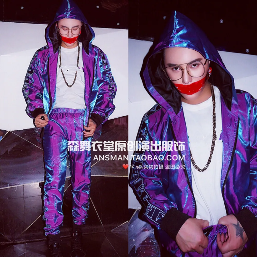 

New Bar and Nightclub DJ Singer Hip Hop Blue Purple Fashion Baseball Suit Men's Spring and Autumn Leisure Performance Set