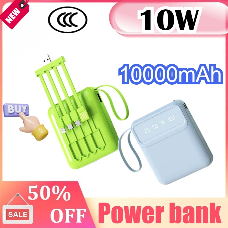 

10000mAh Power Bank Built-in Cable Phone External Battery Powerbank Charger for Xiaomi for iPhone for Samsung