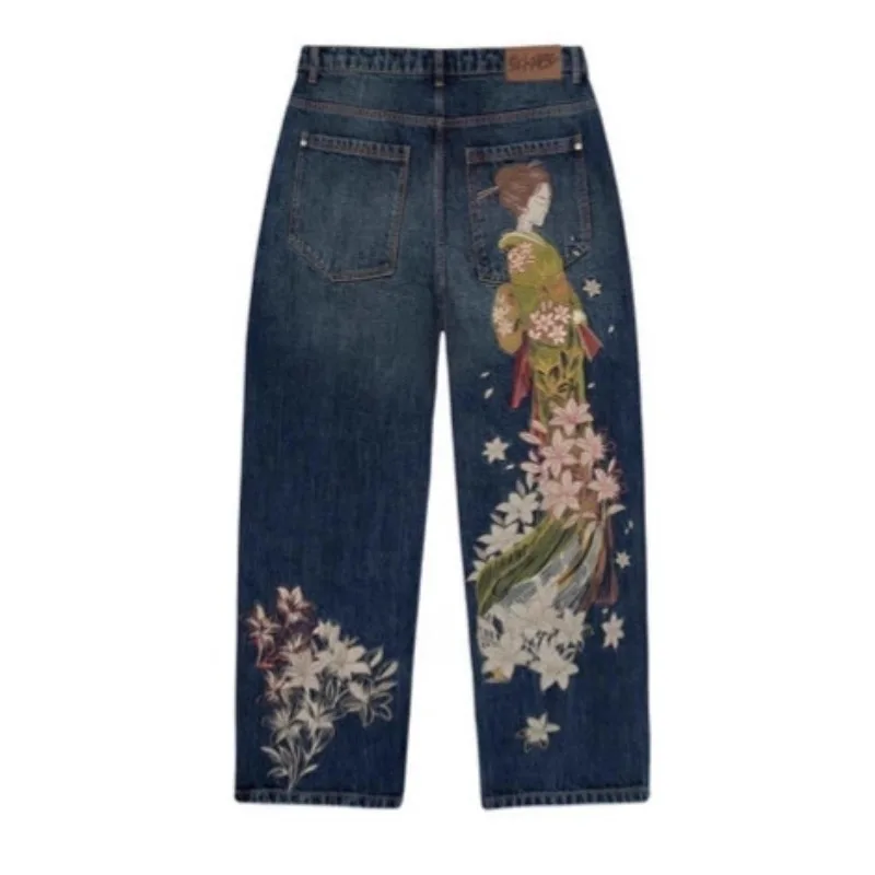 กางเกงยีนส์ทรงตรงเอวสูงสไตล์ยุโรปและอเมริกาใหม่ล่าสุด แฟชั่นสตรีทแวร์ Y2K ฮาราจูกุ ย้อนยุค สีน้ำเงิน ทรงหลวม สไตล์ลำลอง
