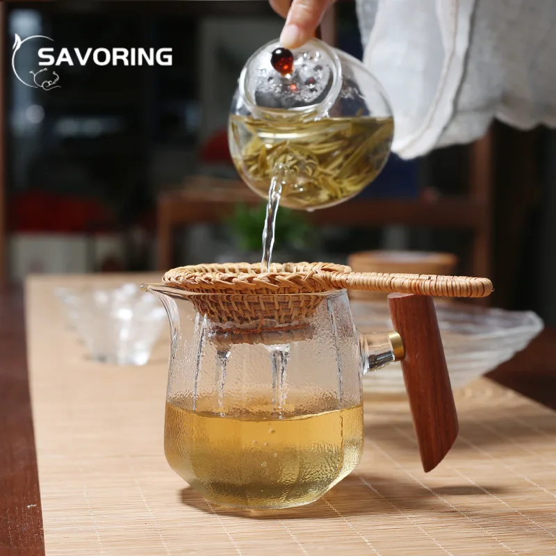 Japanese Heat Resistant Hammer Glass Teapot with Wood Handgrip Glass Teacup Transparent Tea Pitcher Chahai Justice Cup Teaware