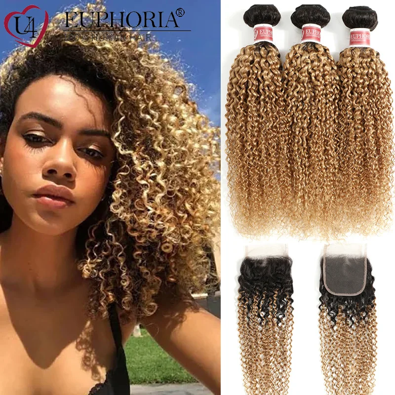 

Ombre Blonde Brazilian Remy Human Hair 3 Bundles With 4x4 Lace Closure T1B/27 Two Tone Kinky Curly Bundle With Closure Euphoria