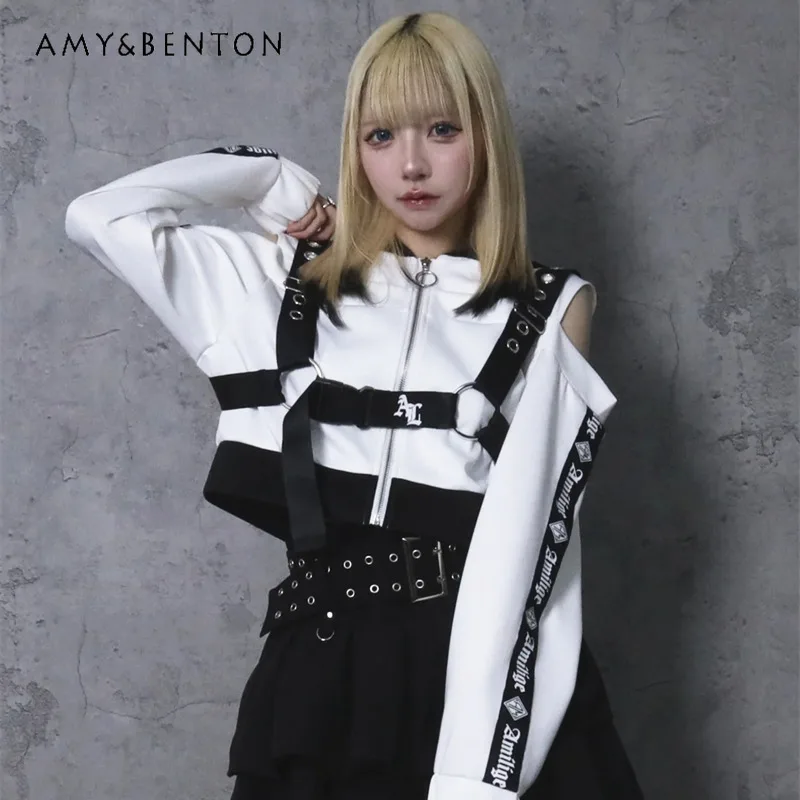 Japanese Harajuku Mine Series Strap Buckle Off-Shoulder Hoodies Women Subculture Gothic Splicing Color Short Sweatshirt Women