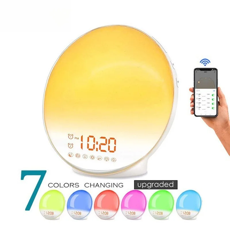 Wake Up Light Alarm Clock with Sunrise Simulation Dual Alarms FM Radio Nightlight 7 Colors Natural Sounds Snooze