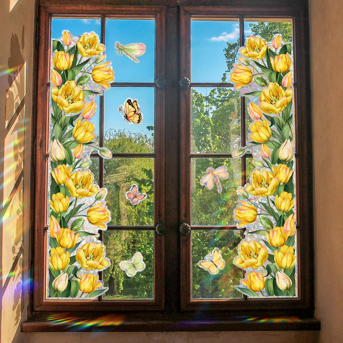 Stained Glass Decorative Stickers Sunlight Catcher Window Door Film Static Cling 3D Yellow Flowers Stickers Home Decoration