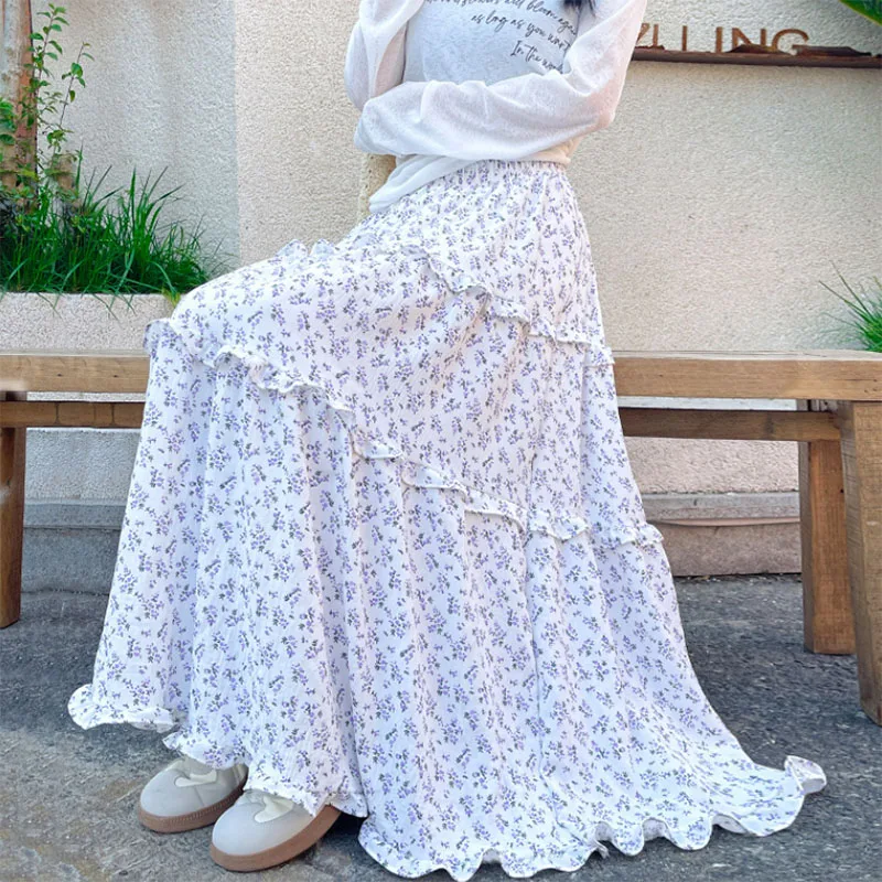 Summer Women Patchwork Ruffles Long Skirts Vintage Y2K Printed Floral Maxi Skirts Female Elegant Chic High Waisted A-Line Skirt