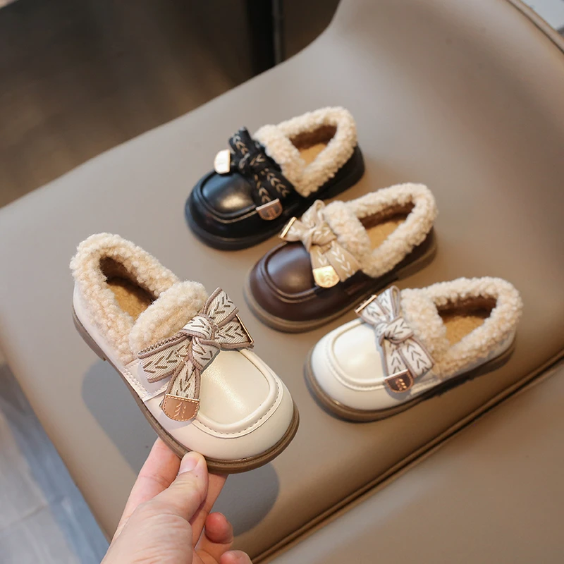 2-16 Years Old Girls Padded Leather Shoes Winter Beige Bow Girls Loafers Brown Soft Bottom Non-slip Children's Snow Boots Shoes