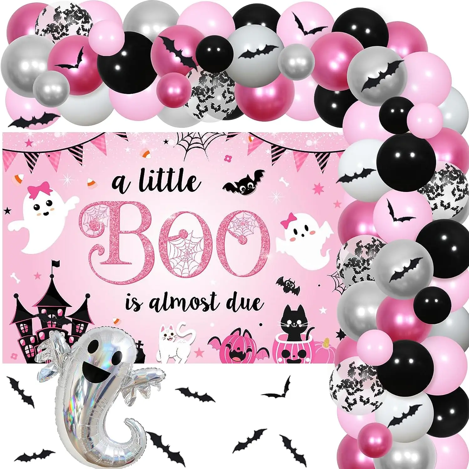 

Halloween Girls Baby Shower Decorations A Little Boo Is Almost Due Backdrop Pink Balloons Garland Arch Kit Ghost Foil Balloon