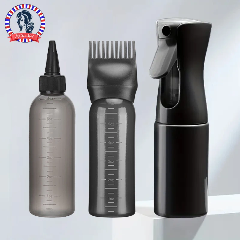 3-pcs Plastic Refillable Continuous Spray Bottles, Root Comb Applicator Bottle & Squeeze Bottle Set Dye Hair Oil Applicator