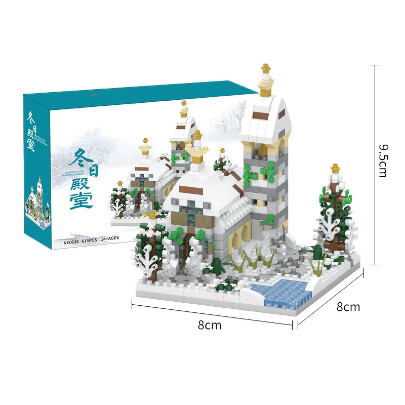 Criativo mini vista de rua micro diamante bloco inverno igreja montagem tijolos construção streetscape figuras brinquedos para crianças presentes