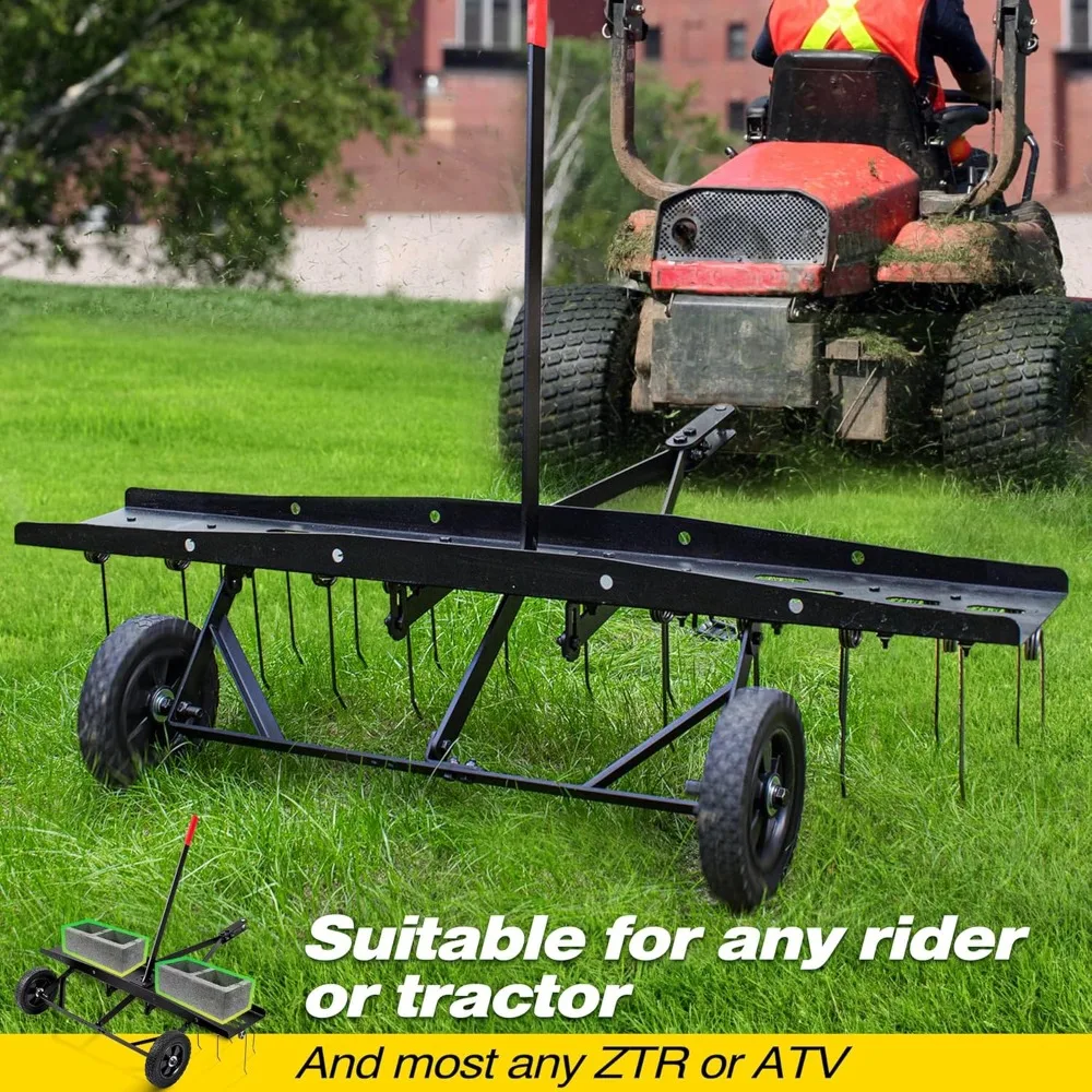 

48inch Tow Behind Dethatcher with 24 Spring Steel Tines,Lawn Sweeper Garden Grass Tractor Rake Removes Thatch - Free Delivery