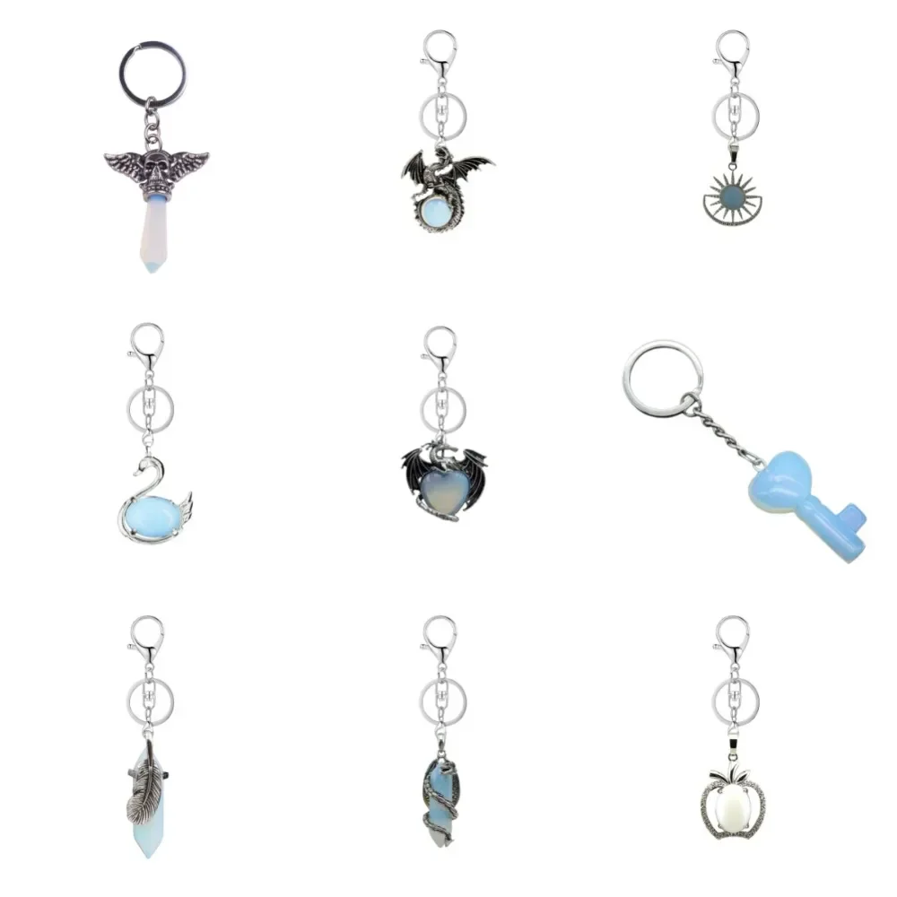 Natural Gem Silver Pendant Keychain Healing Stone Opal Demon Dragon Hexagonal Pillar for DIY Car Keychain Jojo Bizarre Adventure