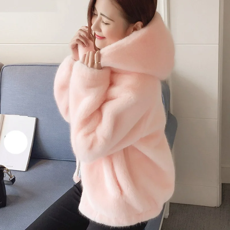 Rabbit Imitation Fur Winter Soft Mink Faux Fur Coat Warm Artificial Fur Hooded Oversized 2023 Fashion Women White Black Jacket