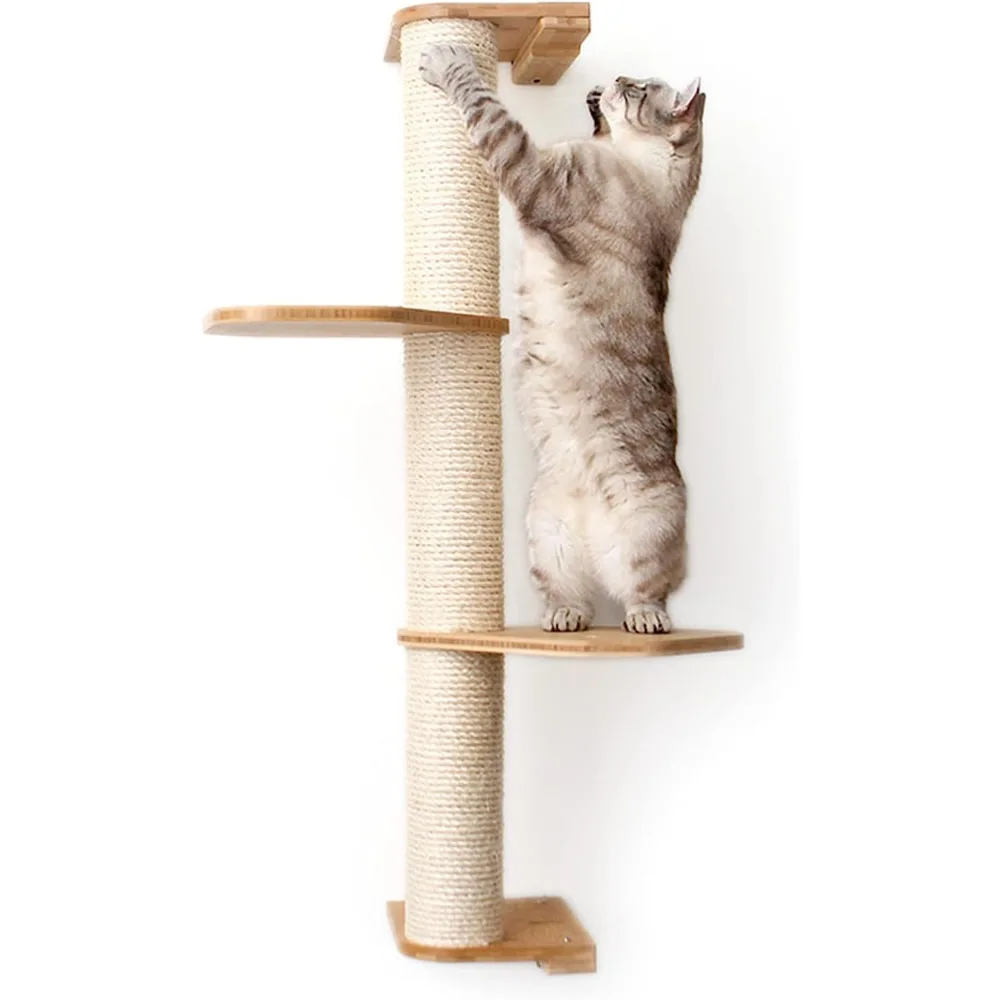 

Cat Scratching Post – 3-Tier Cat Wall Scratcher w/Cat Shelves - Bamboo and Sisal Cat Scratcher Post