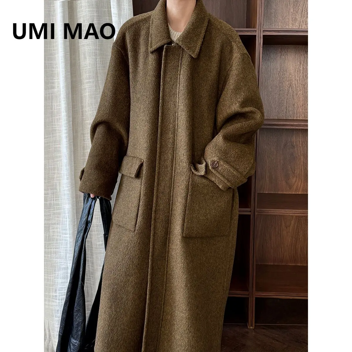 UMI MAO High Quality Wool Lapel Zipper Double-sided Woolen Coat Women's Silhouette Double Patch Bag Long Warm Jacket