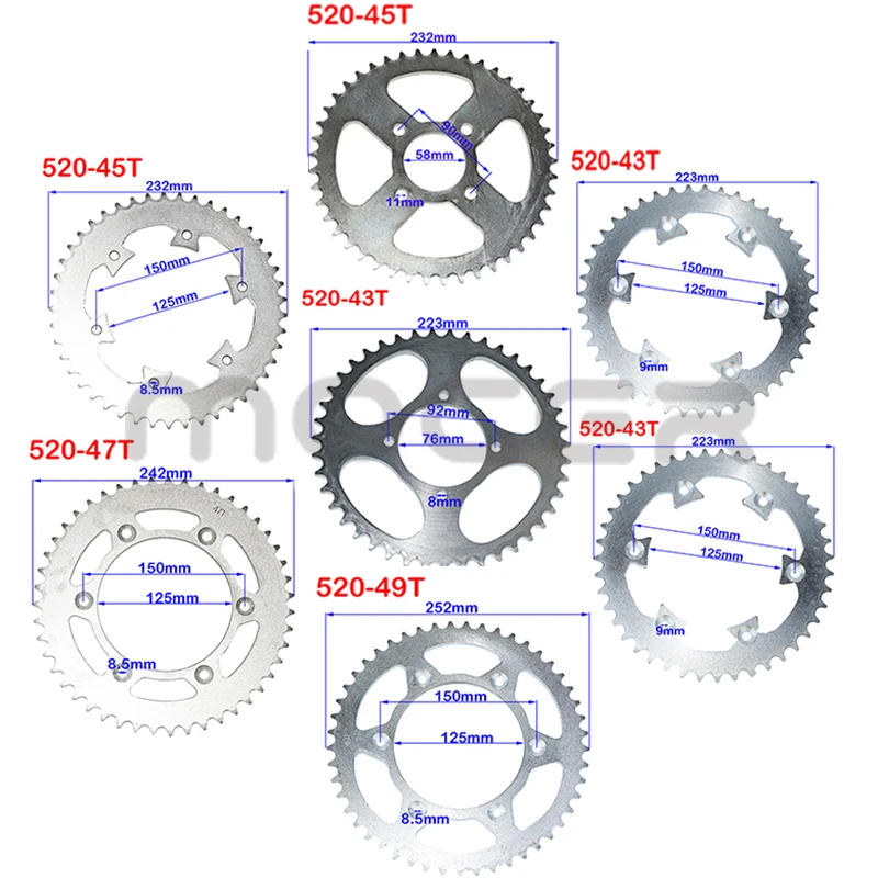 Motorcycle 520 Chains 43T/45T/47T/49T Sprockets Rear Back Sprocket Cog fit for Karting ATV Off-road motorcycle parts