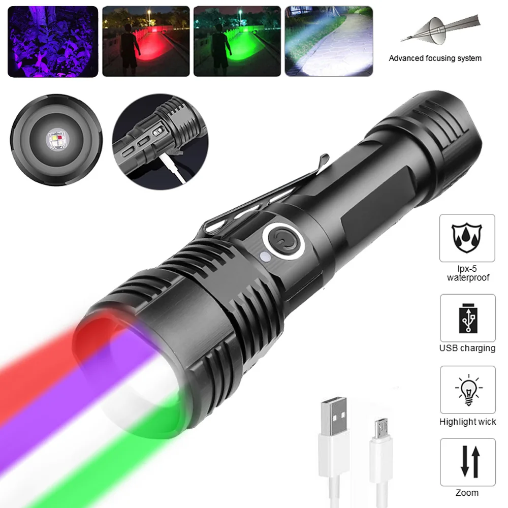 

4 in 1 Red/Green/UV/White Light Torch Zoomable LED Flashlight Outdoor USB Rechargeable Hunting Flash Light for Camping