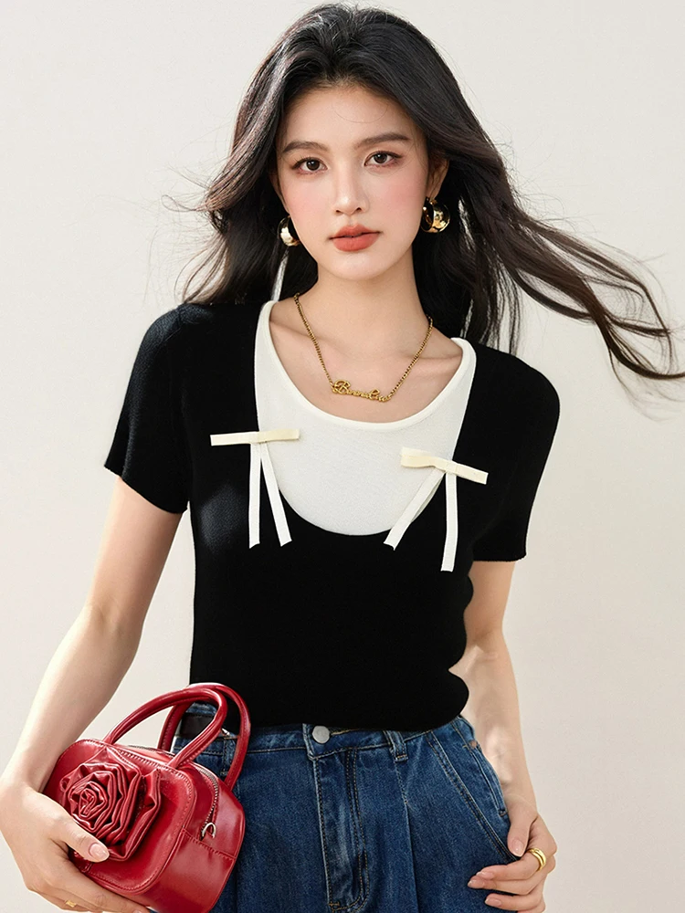 エレガントな弓ニットトップス 2025 夏の新純粋な欲望甘いスパイスガール半袖 Tシャツファッション偽ツーピーストップ