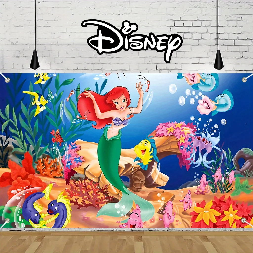 1pc Disney Little Mermaid Theme Birthday Party Background Cloth Banner Suitable For Baby Birthday Photography Decoration Props