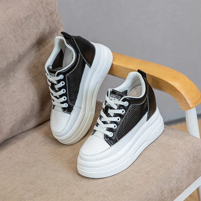 

Women's 8CM Hidden Wedge Heel White Sneakers Mesh Breathable Hollow Design Platform Thick Sole Spring Summer Casual Walking Shoe