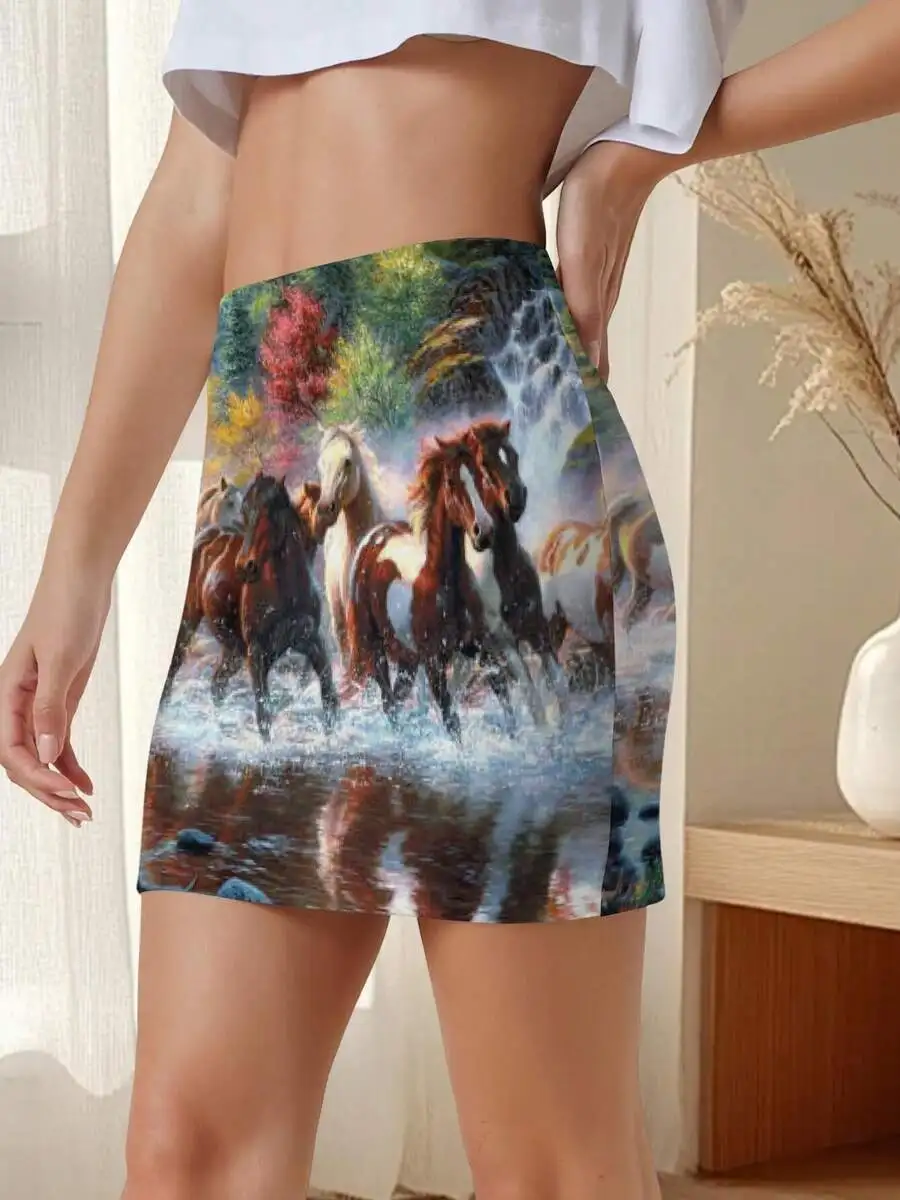 Women Summer Bodycon Micro Skirt With Majestic Horses Waterfall Print Nature Lover