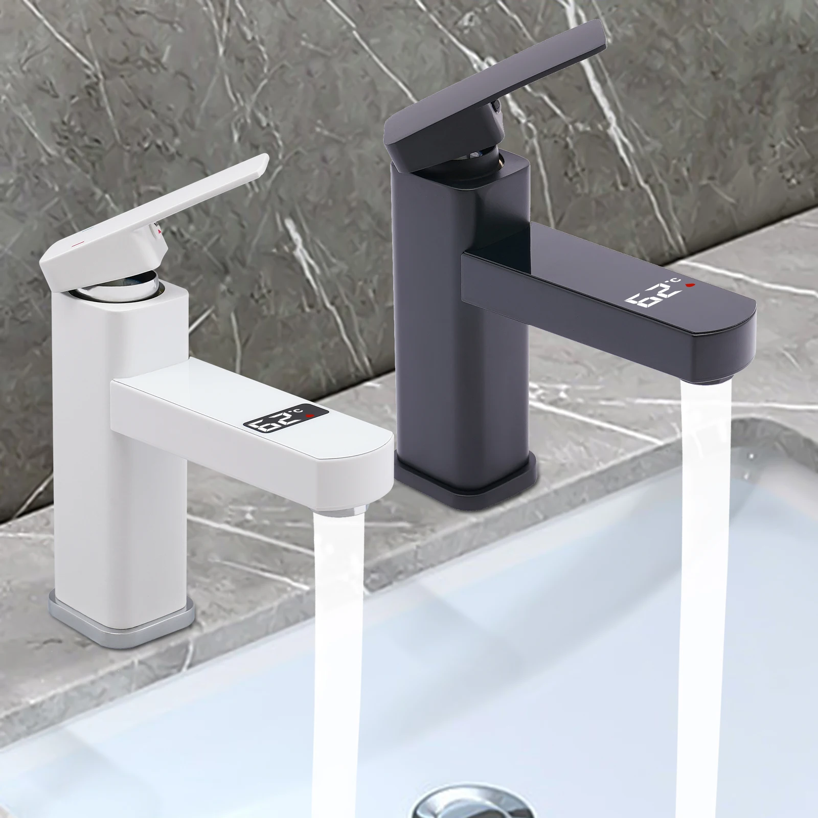 Schwarz-weißer Waschbecken-Wasserhahn, einpoliger Wasserhahn für Badezimmer und Küche mit digitalem Display