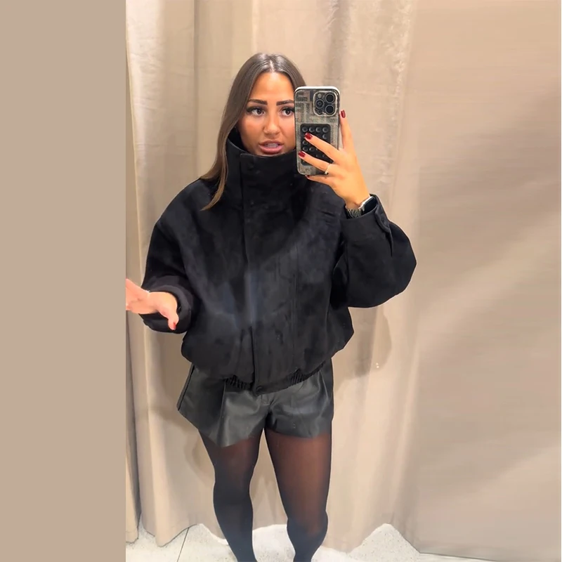 Oversize-Mäntel für Damen, Stehkragen, seitliche Knopfleiste, lange Ärmel, Jacken mit Reißverschluss, Herbst, Damen, geraffte, einfarbige, lockere Jacke, neue Oberbekleidung – Detail 11