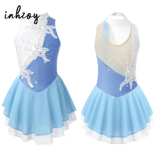 Vestido de patinaje sobre hielo con lentejuelas florales para niñas, sin mangas, con diamantes de imitación, gimnasia, leotardo, Ballet, danza, tutú, disfraz de actuación