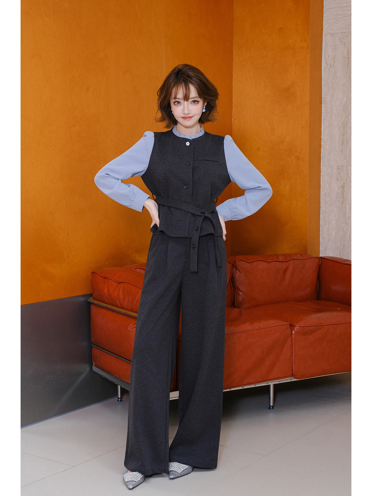 

MIUCO Commute Workwear Elegant Shirt Waist-Cinching Top High-Waist Pants Two-Piece Set Long Sleeve Spring Fashion for Women