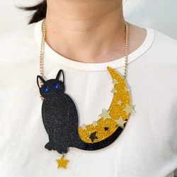 KUGUYS Super Big Black Cat Moon Stars Pendant Necklace for Women Fashion Acrylic Large Sweater Chain Hyperbole Jewelry Acce
