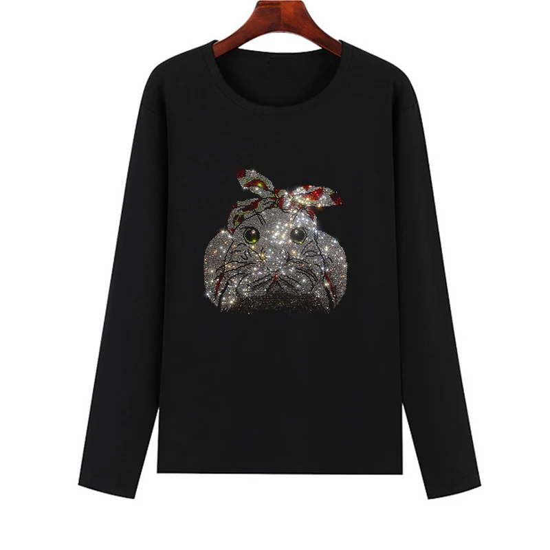 

New fashionable women's dress shiny rabbit head pattern diamond long-sleeved autumn top blouse