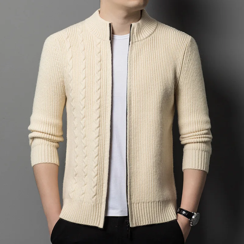 

2023 Men's Solid Color Zipper Jacquard Cardigan Sweater New Youth Stand Collar Twist Business Casual Sweater